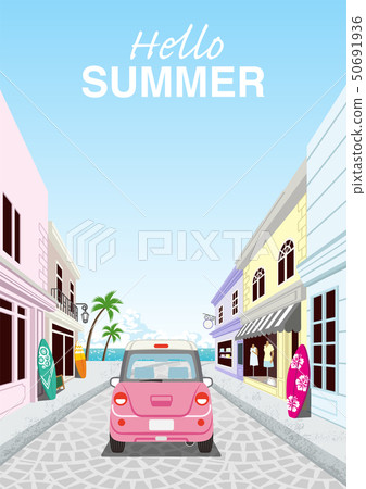 粉紅色的車駕駛夏季城市背面刻字“你好夏天” 50691936