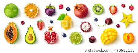 Assortment of different fruits and berries, flat lay, top view 50692133