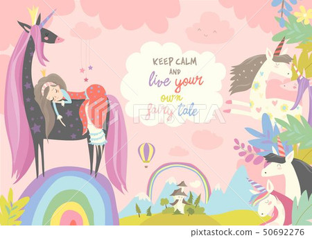 Cute cartoon princess with black unicorn.Sweet dream 50692276