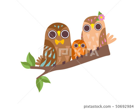 Happy Family of Owls, Father, Mother and Their Baby Owlet Sitting on Branch of Tree, Cute Cartoon Happy Family of Owls, Father, Mother and Their Baby Owlet Sitting on Branch of Tree, Cute Cartoon 50692984