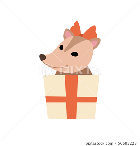 Cute Opossum with Red Bow on its Head Holding Gift Box, Adorable Wild Animal Cartoon Character 50693228