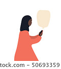 Beautiful african-american woman in a hijab with a smartphone, flat vector illustration on white Beautiful african-american woman in a hijab with a smartphone, flat vector illustration on white 50693359