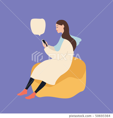 Beautiful caucasian woman sitting on a puff chair using smartphone, vector illustration on blue Beautiful caucasian woman sitting on a puff chair using smartphone, vector illustration on blue 50693364