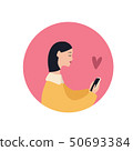 Beautiful caucasian girl with a smartphone and heart symbol, flat vector illustration on fuchsia Beautiful caucasian girl with a smartphone and heart symbol, flat vector illustration on fuchsia 50693384