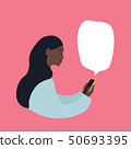 Beautiful african-american woman with a smartphone, flat vector illustration on pink background Beautiful african-american woman with a smartphone, flat vector illustration on pink background 50693395