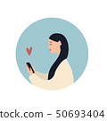 Beautiful caucasian girl with a smartphone and heart symbol, flat vector illustration on blue Beautiful caucasian girl with a smartphone and heart symbol, flat vector illustration on blue 50693404