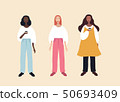Group of three beautiful stylish cartoon woman characters african-american ethnicity caucasian Group of three beautiful stylish cartoon woman characters african-american ethnicity caucasian 50693409