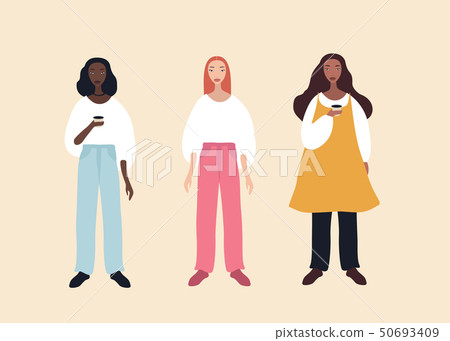 Group of three beautiful stylish cartoon woman characters african-american ethnicity caucasian 50693409