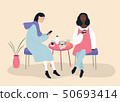 Two beautiful women talking friendly at coffee shop while drinking and eating desserts , vector Two beautiful women talking friendly at coffee shop while drinking and eating desserts , vector 50693414