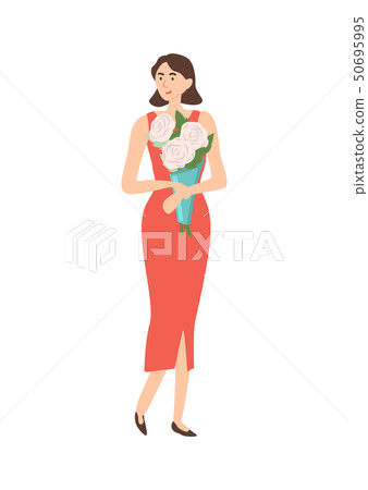Woman with Bouquet of White Roses in Wrapping Woman with Bouquet of White Roses in Wrapping 50695995