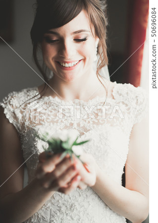 Portrait of beautiful bride with fashion veil at wedding morning Portrait of beautiful bride with fashion veil at wedding morning 50696084