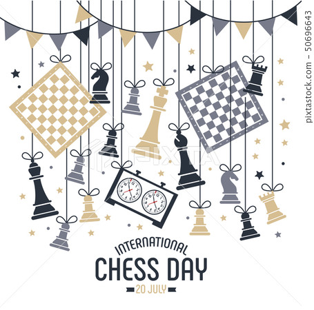 International chess day is celebrated annually on July 20, chess pieces Board and clock. Postcard. International chess day is celebrated annually on July 20, chess pieces Board and clock. Postcard. 50696643
