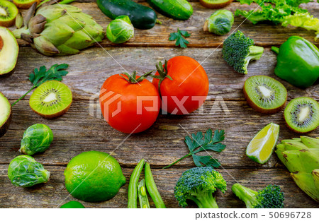 Fresh fruits and vegetables on wood table 50696728
