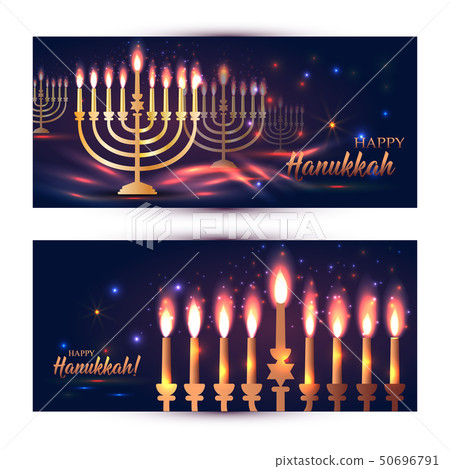 Happy Hanukkah Shining Background with Menorah, David Stars and Bokeh Effect. Set of banners on dark 50696791