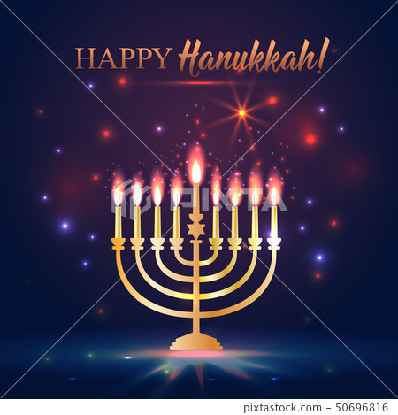 Happy Hanukkah Shining Background with Menorah, David Star and Bokeh Effect. illustration on dark. 50696816