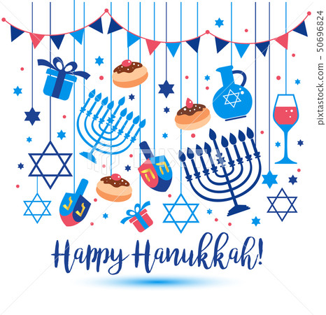 Jewish holiday Hanukkah greeting card traditional Chanukah symbols - wooden dreidels spinning top Jewish holiday Hanukkah greeting card traditional Chanukah symbols - wooden dreidels spinning top 50696824
