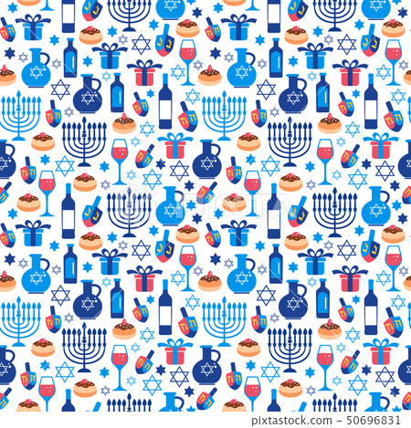 Jewish holiday Hanukkah greeting card traditional Chanukah symbols. Seamless pattern. 50696831