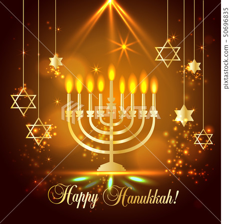 Happy Hanukkah Shining Background with Menorah, David Star and Bokeh Effect. illustration on blue. Happy Hanukkah Shining Background with Menorah, David Star and Bokeh Effect. illustration on blue. 50696835