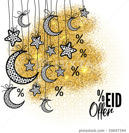 Flyer, Banner or Poster Design for Sale, Discount and Offer with decorated shiny moon on gold of 50697394