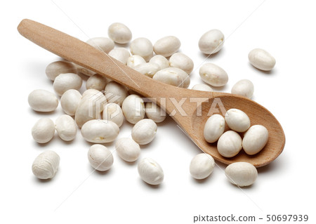 White haricot beans and wooden spoon isolated White haricot beans and wooden spoon isolated 50697939