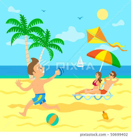 Child with Wind Kite, Parent Relaxing on Beach Child with Wind Kite, Parent Relaxing on Beach 50699402