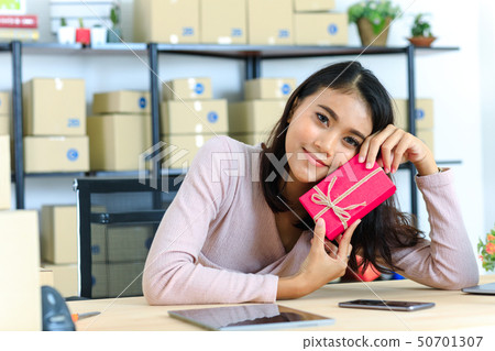 Asian lady on birthday theme 50701307