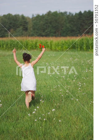 little girl with poppy in summer field little girl with poppy in summer field 50701352