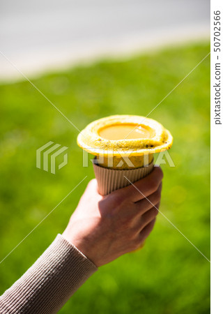 Woman holding healthy vegan street food in her hands Woman holding healthy vegan street food in her hands 50702566