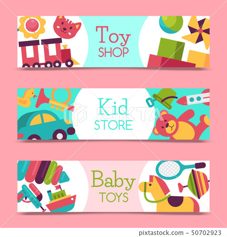 Baby toy shop banner in flat cartoon style. Kids game market includes teddy bear, pyramid, doll 50702923