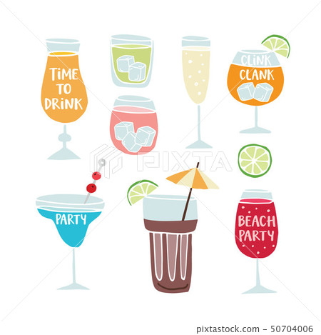 Collection of hand drawn alcoholic drinks, cocktails with lettering quotes. Summer holiday 50704006