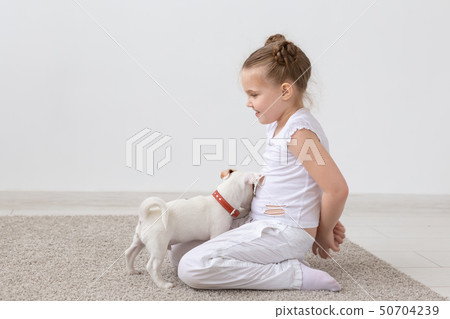 Pet, children and animal concept - child girl sitting on the floor and feeding puppy 50704239