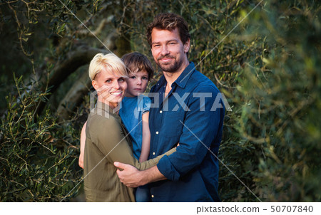 Young family with two small daughter standing outdoors by olive tree. Young family with two small daughter standing outdoors by olive tree. 50707840