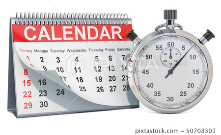 Desk calendar with stopwatch, 3D rendering Desk calendar with stopwatch, 3D rendering 50708301