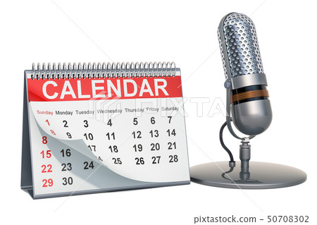 Desk calendar with retro microphone, 3D rendering Desk calendar with retro microphone, 3D rendering 50708302