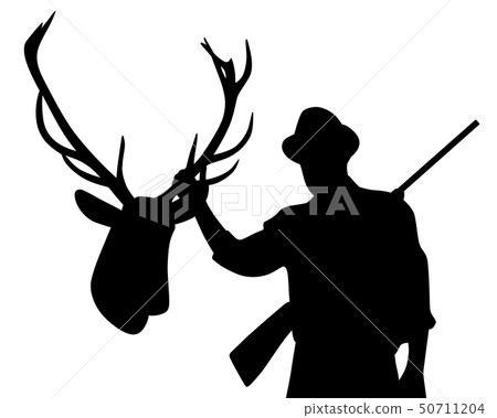 Hunter with rifle holding stuffed deer head 50711204