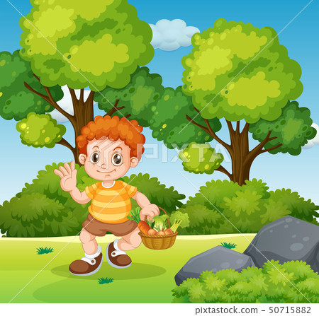 A boy holding vegetable basket in the park - Stock Illustration ...