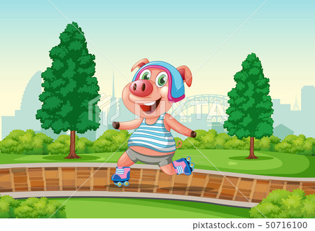 Happy pig playing roller skate at the park Happy pig playing roller skate at the park 50716100