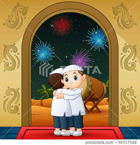 Cartoon people hugging and wishing Eid Mubarak Cartoon people hugging and wishing Eid Mubarak 50717588