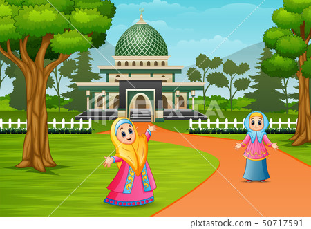 Happy muslim women posing in front of mosque 50717591