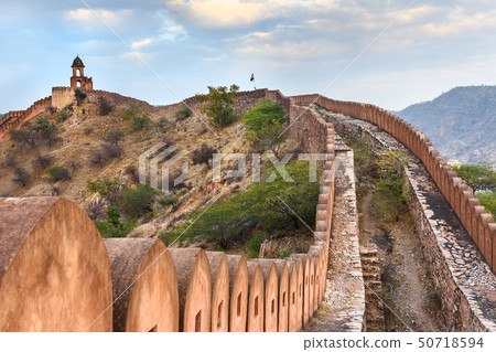 Ancient long wall with towers around Amber Fort Ancient long wall with towers around Amber Fort 50718594