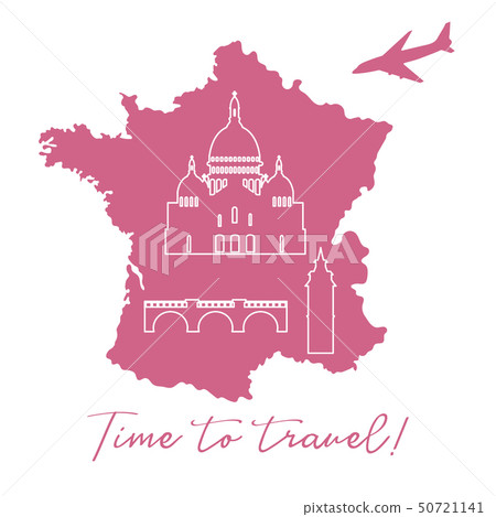 Map of France, bridge, tower, basilica, plane 50721141