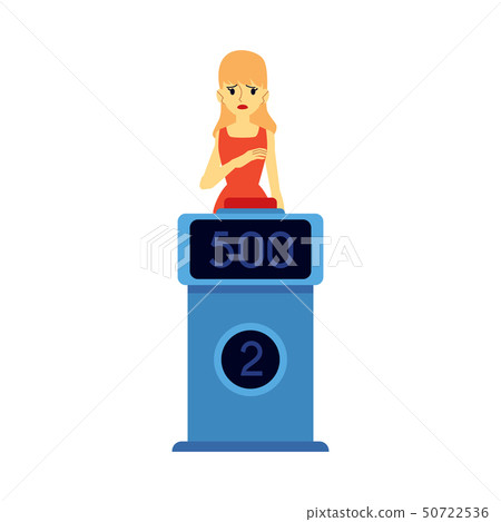 Vector happy woman wrong answer on quiz tv show 50722536