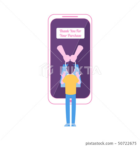 Man stands near smartphone with thankful message on screen flat cartoon style Man stands near smartphone with thankful message on screen flat cartoon style 50722675