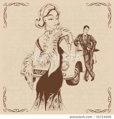 Elegant lady and gentleman in retro style. Car. Graphics. Vector. Elegant lady and gentleman in retro style. Car. Graphics. Vector. 50724080