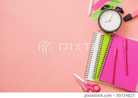 Colorful school supplies on pastel pink. Top view, flat lay. Space for text. 50724825