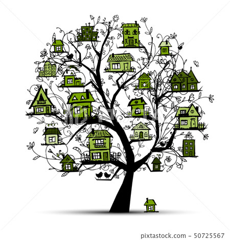 Tree with green houses on branches 50725567