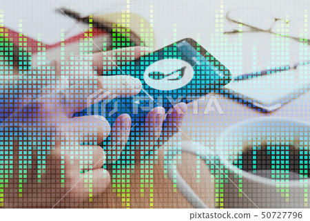 Image of music player app and equalizer. Close-up of male hand using smartphone. Image of music player app and equalizer. Close-up of male hand using smartphone. 50727796