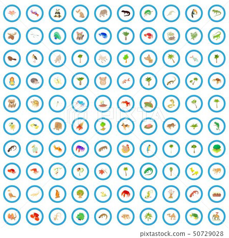 100 animals and plants icons set, cartoon style 100 animals and plants icons set, cartoon style 50729028