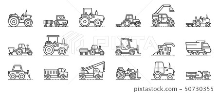 Agricultural machines icons set, outline style Agricultural machines icons set, outline style 50730355