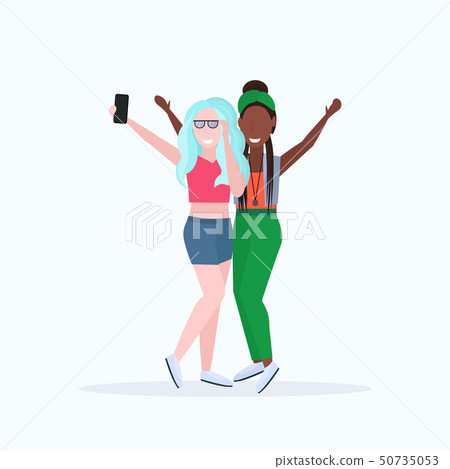 mix race women taking selfie photo on smartphone camera two female cartoon characters standing mix race women taking selfie photo on smartphone camera two female cartoon characters standing 50735053